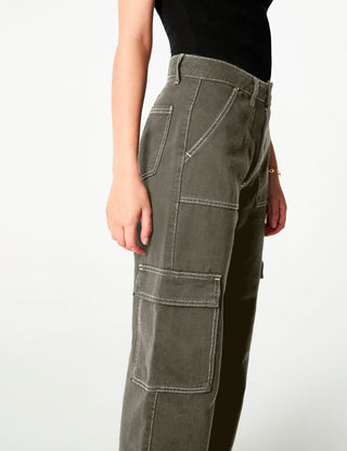 Pantalon Cargo Vert Wide Leg Taille Haute