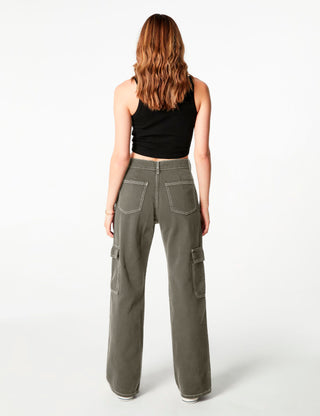 Pantalon Cargo Vert Wide Leg Taille Haute