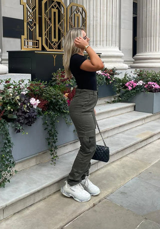 Pantalon Cargo Ecru Droit Taille Haute